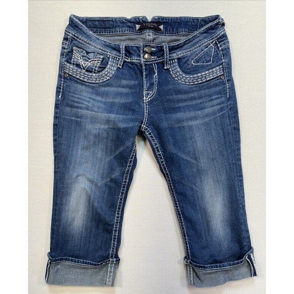 Vigoss Womens Capri Jeans Size 9 Mid-Rise Blue Denim Stretch Embroidered Pockets - Picture 4 of 12
